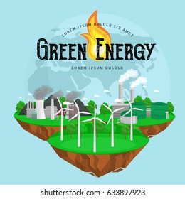 concept of alternative energy green power, environment save, renewable turbine , wind and solar ecology electricity, ecological industry vector illustration