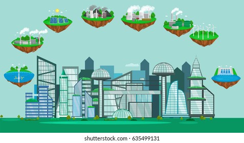 concept of alternative energy green power, environment save, renewable turbine , wind and solar ecology electricity, ecological industry vector illustration