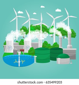 concept of alternative energy green power, environment save, renewable turbine , wind and solar ecology electricity, ecological industry vector illustration
