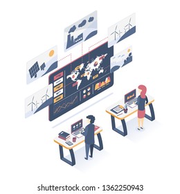 Concept of alternative Energy Sources.  Problems of earth ecology. Atmospheric pollution. Ecology Research of the Earth. Vector illustration.
