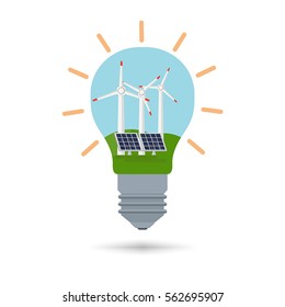 Concept of alternative and renewable energy sources. Illustrations concept of lamp with icons of a wind turbines and solar panels.