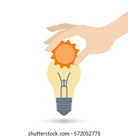 Concept of alternative and renewable energy sources. Illustrations concept of lamp with icons of a sun.