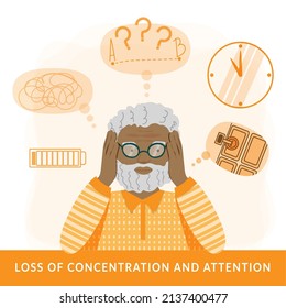 The concept of Alzheimer's disease. Cute elderly man with stress, anxiety, and memory problems. Colored man holding his head. Flat style vector illustration.
