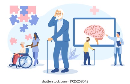 Concept of Alzheimers disease in the elderly with carers, a man suffering from dementia and a medical practitioner giving a lecture on the brain, flat cartoon colored vector illustration