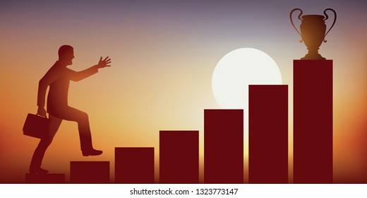 Concept of ambition and the conquest of power, with the ascent of a businessman who climbs a staircase running, to reach the coveted place of leader, symbolized by a trophy.