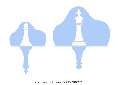 Concept of ambition and fear, pawn casts shadow of king, and king casts shadow of pawn. Playing chess. Success business strategy. game competition. Cartoon flat vector illustration