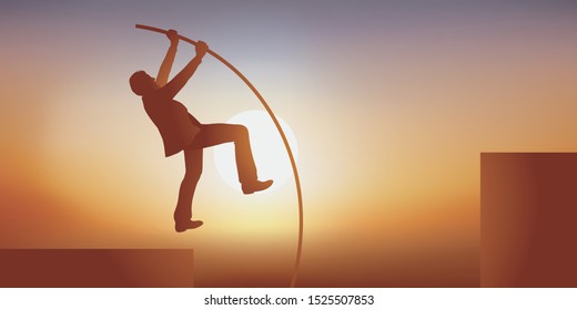 Concept of ambition and leadership with a man who symbolically uses a pole to climb the hierarchy and succeed in his professional career