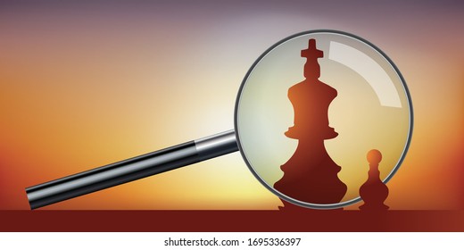Concept of ambition and leadership with the symbol of a chess pawn who looks through a magnifying glass and sees a king.