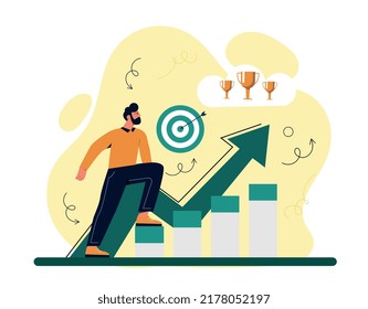 Concepto de ambiciones. El hombre establece objetivos, empresario trabajador o empleado. Metáfora de un empresario exitoso. Logro de tareas y motivación, liderazgo. Dibujo vectorial plano de dibujos animados