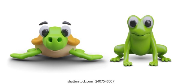 Concepto de anfibios. Rana verde vectorial para bebé y tortuga. animales acuáticos 3D, vista frontal. Conjunto de caracteres positivos sobre fondo blanco. Criaturas del juego