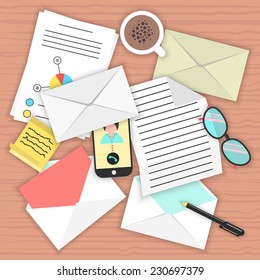 concept analysis of correspondence on the table. top view of desk background with smartphone, open and closed envelopes, office objects, coffee and documents. flat style modern vector illustration