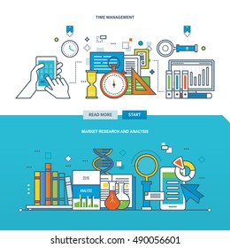 Concept of analysis and market research, project management and time management. Color Line icons collection. Vector design for website, banner, printed materials and mobile app.