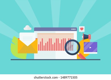 Concept of analytics for Seo, Social media data, Digital marketing report - flat design vector illustration with icons