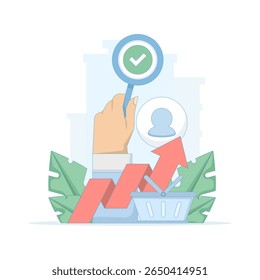 Conceito Analisando tendências do consumidor com previsão de demanda. Analisando a participação no mercado Compreendendo a segmentação do mercado e aumentando os lucros comerciais. Ilustração de design plano no fundo.