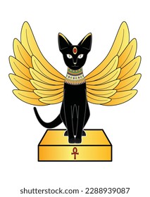 Concepto del antiguo gato negro egipcio o gato faraón con plumas o alas doradas se sienta en un puesto dorado con un símbolo egipcio dibujando en un vector de dibujos animados