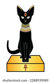 Concepto del antiguo gato negro egipcio o gato faraón sentados en un puesto dorado con un símbolo egipcio dibujando en un vector de caricatura