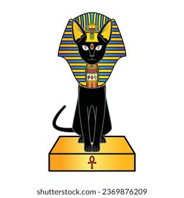 Concepto del antiguo gato negro de Egipto o el gato faraón vestido con joyas o gemas usando faraón que se sientan en un puesto dorado con símbolos egipcios dibujando en colorido vector de caricatura