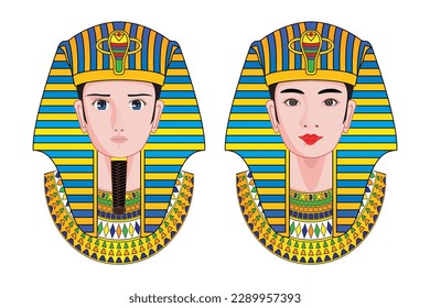 Concept of ancient Egypt smart pharaoh and cute queen dress with pharaoh hat and jewels necklace drawing in cartoon vector