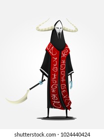 The concept of the Angel of death. A reaper with a sickle in his hands. Hades. The inscription on the character's clothes does not mean anything, it's just a pattern. Vector