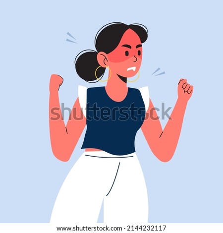 Concept of anger, rage, scream and hate. Young insane crazy teenage girl cartoon character expressing anger and gesturing with her hands, screaming. Negative emotions, vector isolated illustration.
