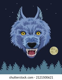 Concept of angry wolf on dark background. Cartoon scary aggressive wolf portrait with big fangs in night forest. 