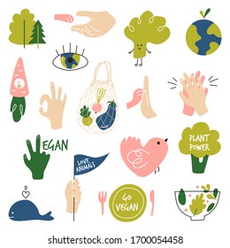 The concept of animal protection, veganism, saving the planet. Elements for a website, postcards, posters, stickers, bloggers, and social networks. Drawn elements on the theme of veganism. Vector