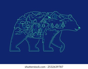 concept of animal reserve or world wildlife day campaign, graphic of grizzly bear shape with rainforest element inside