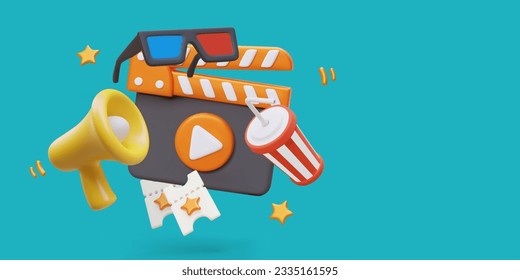 Concept of announcement about movie screening. Clapperboard with start button, cup with drink, anaglyph glasses, megaphone, tickets. Advertising vector banner in cartoon style, 3D elements