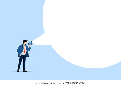 concept of announcing message. young man or businessman standing and communicating via megaphone. Talk to people. Promotion. Attention. Flat vector illustration on a white background.