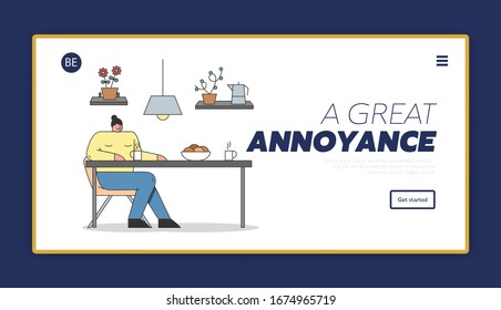 Concept Of Annoying In Communications. Website Landing Page. Annoyed Woman Sitting At The Table And Drink Coffee. Difficulties In Friendship. Cartoon Linear Outline Flat Vector Illustration