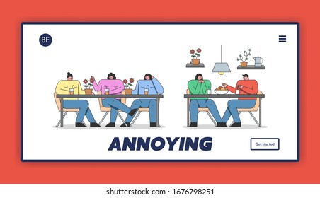 Concept Of Annoying In Communications. Website Landing Page. Annoying and Intrusive Admirer Trying Unsuccessfully Have A Conversation. Cartoon Linear Outline Flat Style. Vector Illustration