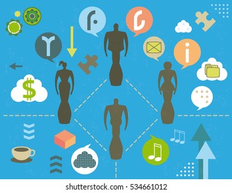 Concept of anonymous social media, with bubble icons, infographics elements and grunge texture.