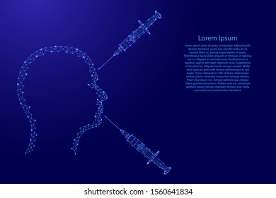 Concept antiage silhouette of the head and face of a man with syringes injections from futuristic polygonal blue lines and glowing stars for banner, poster, greeting card. Vector illustration.