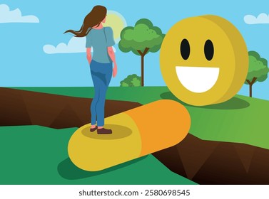 concept of antidepressant medicine, woman walks in a capsule to a place of happiness, mental health. vector illustration.