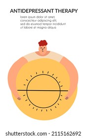 The concept of antidepressant therapy for depression. The character is holding a pill in the form of the sun. Vector illustration in flat style