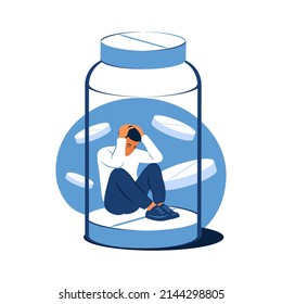 Concept of antidepressants. Depressed man is sitting trapped in a pill bottle. Medicine. Addiction. Flat. Vector illustration.