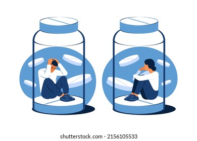 Concept of antidepressants. Depressed woman or man is sitting trapped in a pill bottle. Medicine. Addiction. Flat. Vector illustration.