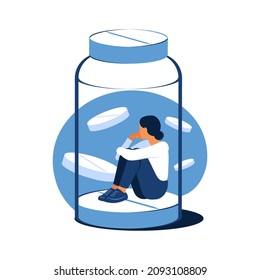 Concept of antidepressants. Depressed woman is sitting trapped in a pill bottle. Medicine. Addiction. Flat. Vector illustration.