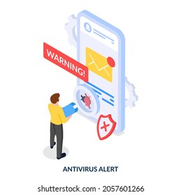 Concept of antivirus alert. Man with loupe stands in front of smartphone and with bugs and warning sign. Isometric vector illustration on white background.