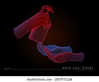 concept antivirus vector color line illustration on dark background. washing hands with alcohol gel or antibacterial soap sanitizer. hands holding a bottle	