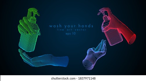 concept antivirus vector color line illustration on dark background. washing hands with alcohol gel or antibacterial soap sanitizer. hands holding a bottle	