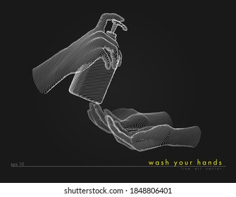 concept antivirus vector line illustration on black background. washing hands with alcohol gel or antibacterial soap sanitizer. hands holding a bottle	