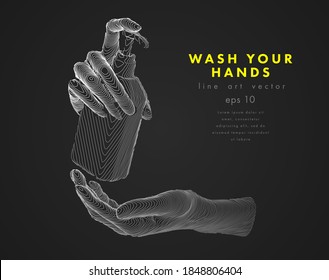 concept antivirus vector line illustration on black background. washing hands with alcohol gel or antibacterial soap sanitizer. hands holding a bottle	