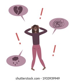 The concept of anxiety disorders. A depressed African woman under stress. Love disorder, confusion, mental burnout. Vector illustration in a flat linear style