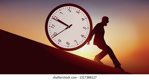 Concepto de la ansiedad del paso del tiempo, con un hombre que trata de parar el tiempo, simbolizado por un reloj que lo empuja en una pendiente, a un desenlace fatal.