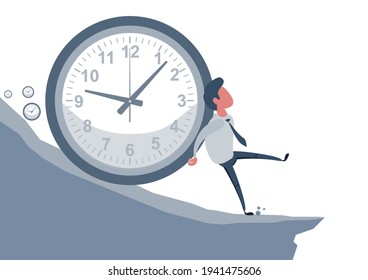 Concept of the anxiety of passing time, with a man who tries to stop time, symbolized by a clock that pushes him on a slope, to a fatal outcome. Vector illustration in cartoon style.