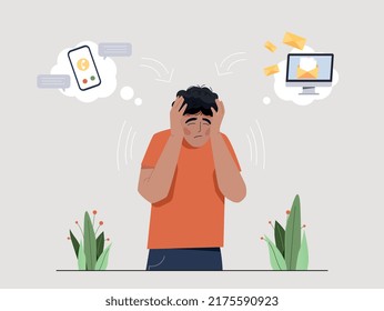 Concept of anxious man. Guy covers his head with his hands, character worried about calls and messages. Employee burnt out at work, overworked person, manager. Cartoon flat vector illustration