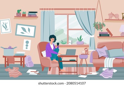 Concept of apathy and depression. Young lazy woman sitting in dirty, untidy apartment. Mess around character. Mental problems or psychological disorder. Cartoon modern flat vector illustration