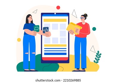 Concept App Development With People Scene In The Flat Cartoon Design. Two Workers Check All Customer Requirements For A Project. Vector Illustration.