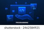 Concept of app development and programming. Information technologies, computer engineering or coding, developing software or game. Polygonal vector illustration with programming windows.
